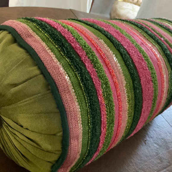 MacKenzie-Childs Really Rosy, Bolster Green and Pink Striped Pillow. Retired - Picture 7 of 8